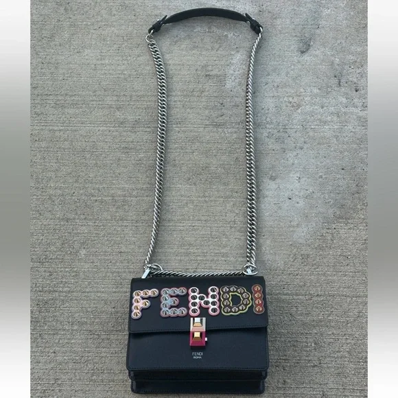 Pre owned Fendi small Black Studded Logo Kan I Leather Crossbody Bag Multi Color - Picture 3 of 8